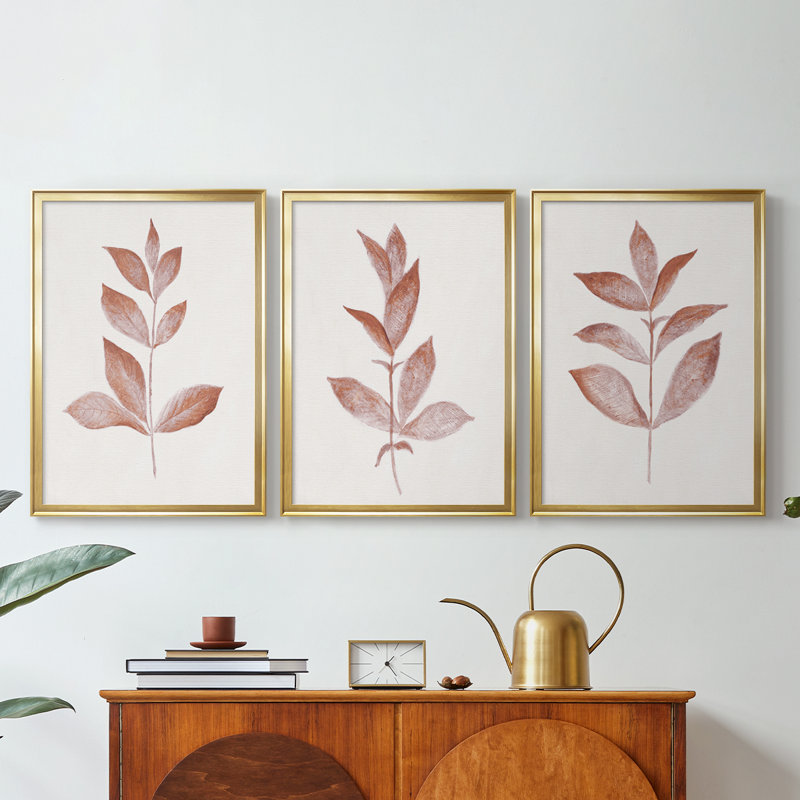 Red Leaf I - Toile tendue avec châssis sur mesure - 3 pièces, H 21 po x l 30 po, Doré
