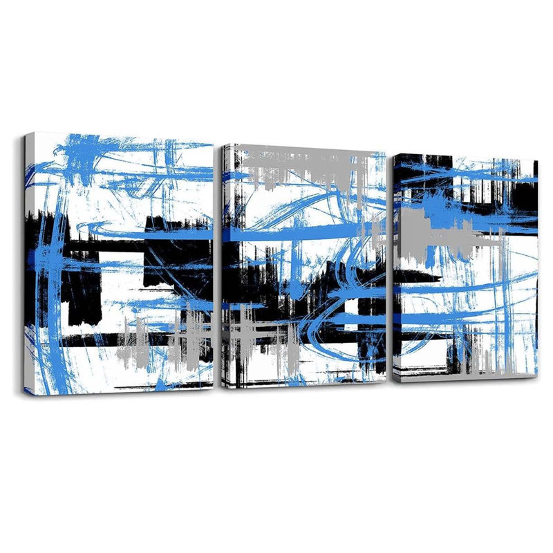 3 Piece Wrapped Canvas Wall Art, Blue/White