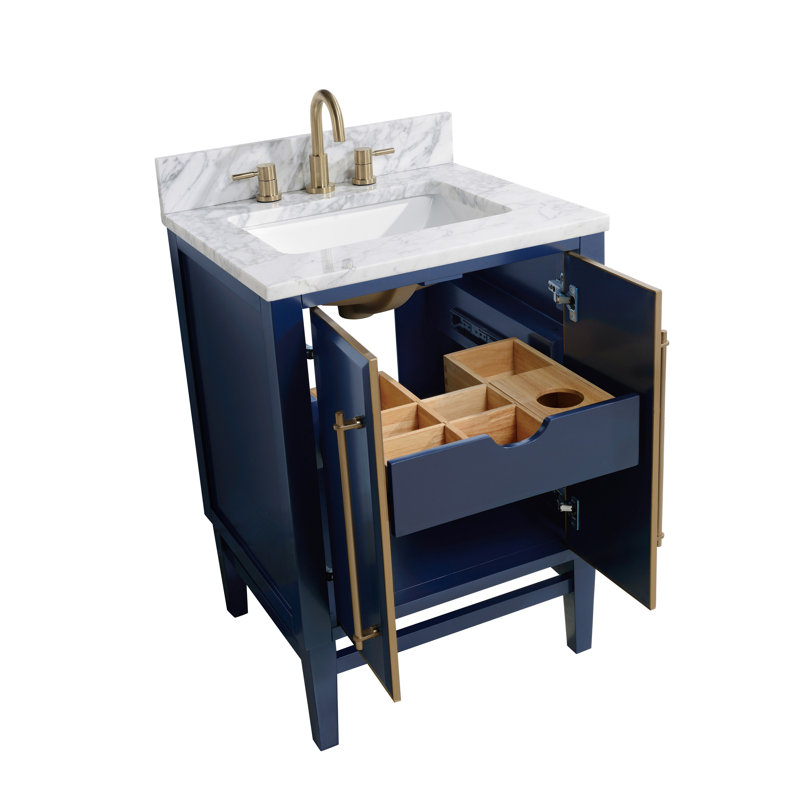 Mason 24" Single Bathroom Vanity with Carrara Marble Top, Carrara White, Matte Gold, Navy Blue