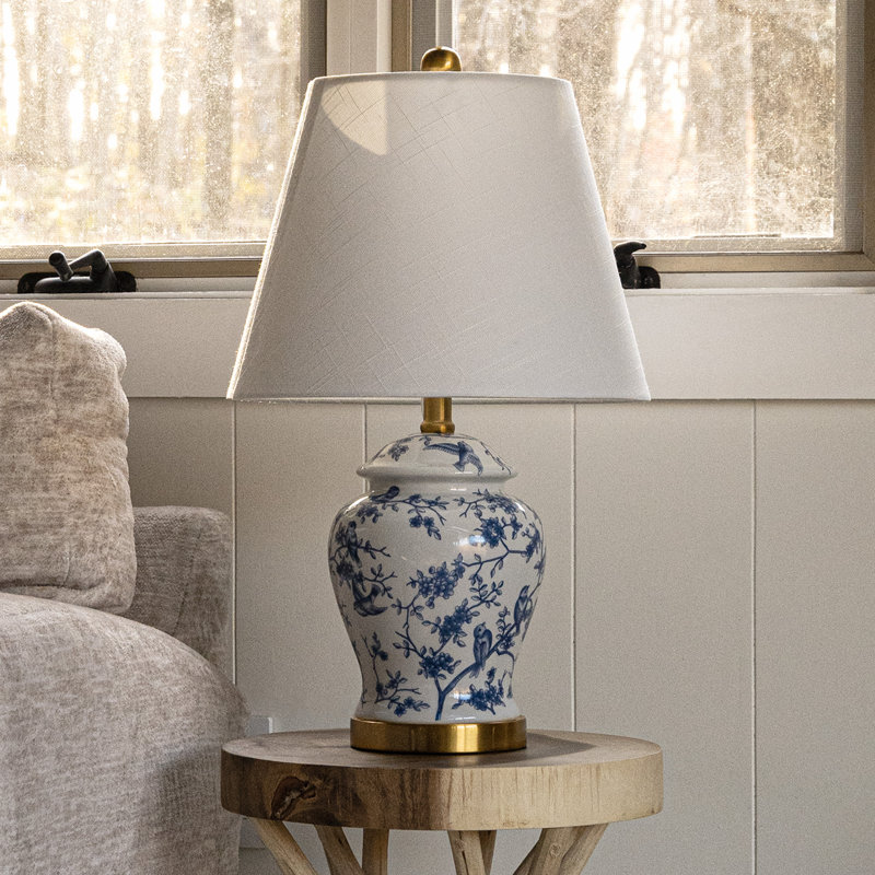Lampe de table en laiton doré 22 po Eldredge, Bleu / blanc