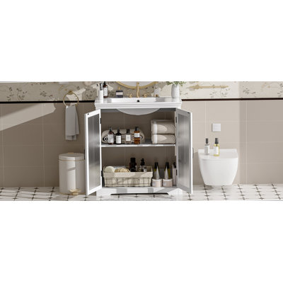 Meuble-lavabo moderne avec lavabo en céramique, verre trempé flou et rangement intelligent, idéal pour rehausser la fonctionnalité et le style de la salle de bain