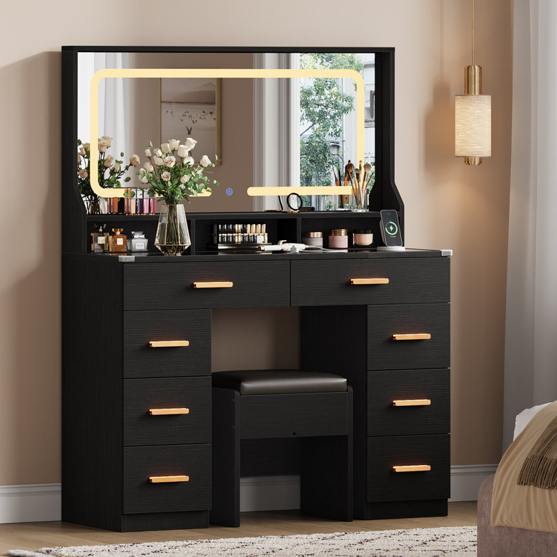 Bureau de coiffeuse avec miroir, table de maquillage avec plateau en verre et 8 tiroirs, Noir