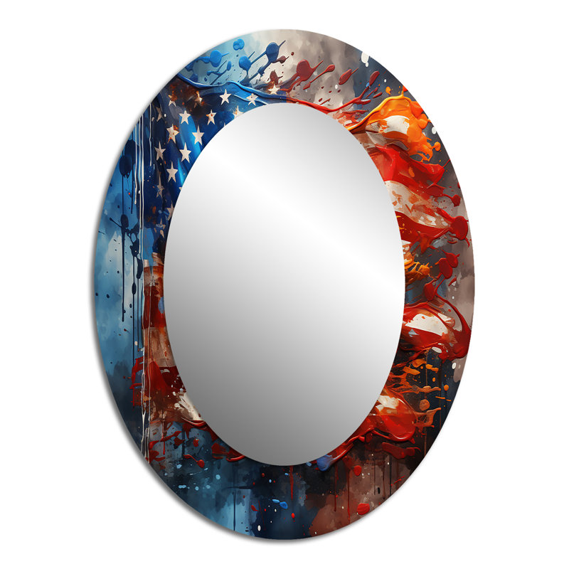 Drapeau moderne des États-Unis I - miroir décoratif floral ovale sur métal, 40 po x 30 po