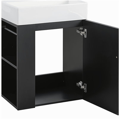 Meuble-lavabo de 20 po avec lavabo en céramique, poignée dorée et tablettes de rangement latérales
