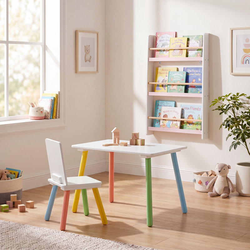 Kids 3 Piece and Chair Set, White/Pink