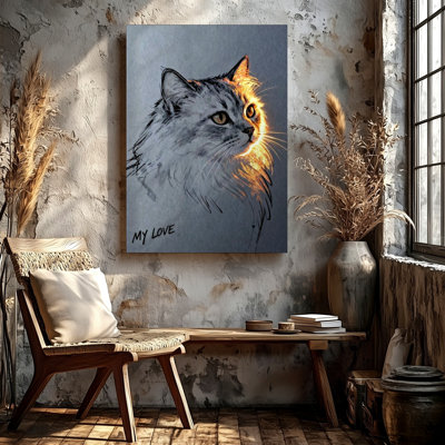 Reproduction d'art sur toile, dessin de chat blanc, lumière rougeoyante, dessin blanc