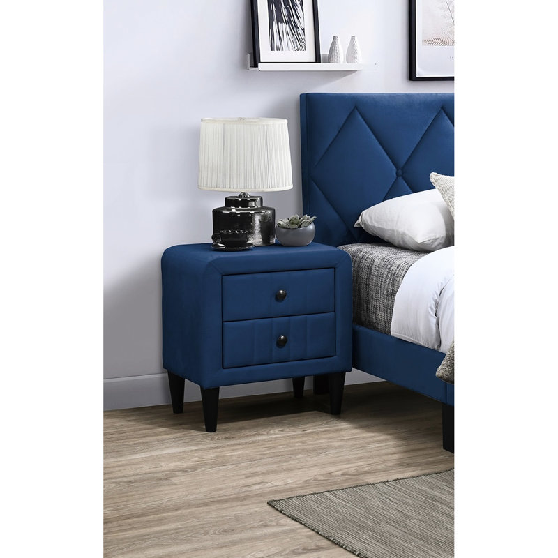 Armoire de chevet moderne en velours bleu marine avec 2 compartiments à 2 tiroirs, élégante table de chevet pour l'intérieur de la chambre à coucher