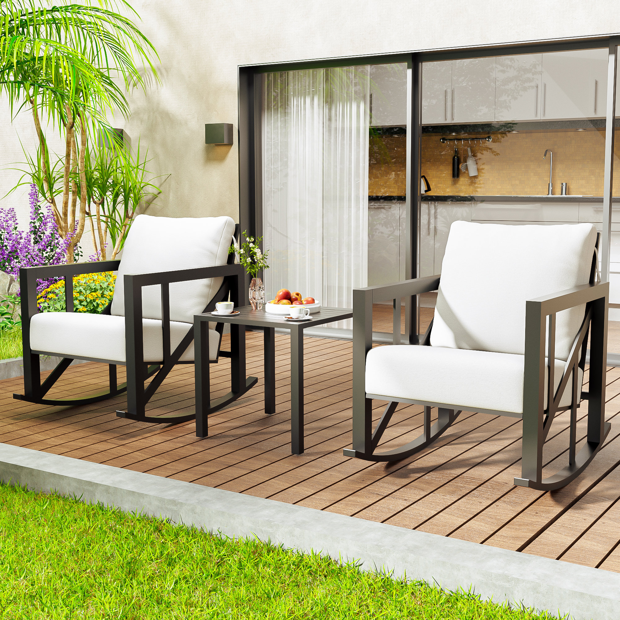 Ebern Designs 3 Piece Outdoor Patio Rocking Seating Group with Cushions ...