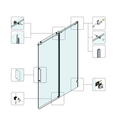 Porte de douche fixe et coulissante 60 po x 60 po, quincaillerie de tube carré, porte de douche en verre transparent, verre trempé de 3/8 po (10 mm) de type GSCC, acier inoxydable, or brossé