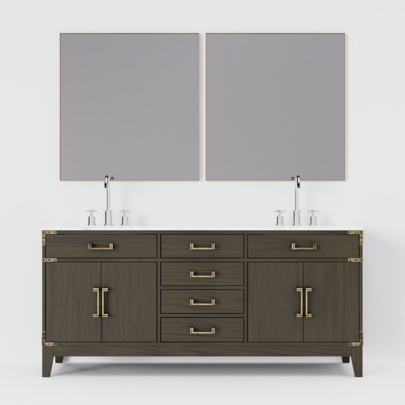 Ensemble de miroirs de salle de bain double 72 po x P 22 po Laurel, Chêne gris, Marbre de Carrare blanc