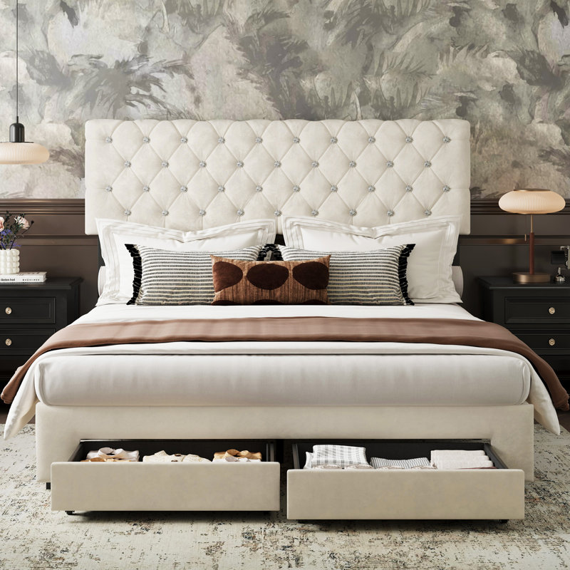 Sparkling Diamond Tufted Bed Storage Bed With Adjustable Bedhead, Beige, Queen