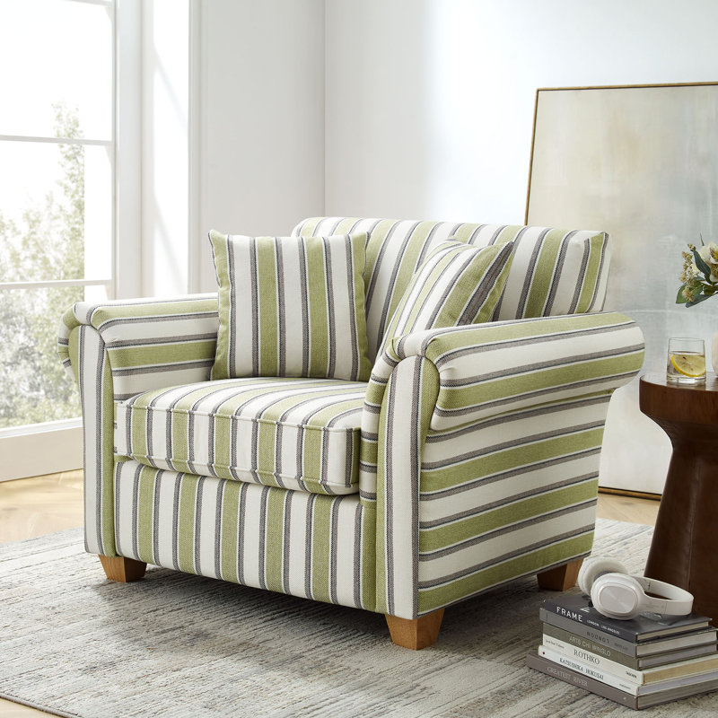 Oversized Accent Chair With Stripe Pattern Green Linen