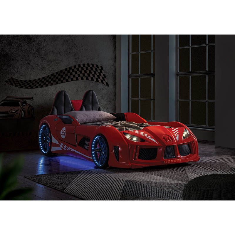 Twin Size Red Race Car Bed In Modern Novelty Cast, Magnetic Opening Doors, Led Lights On Wheels And Bottom, Upholstered Headboard, Remote - Operated 4 Sound Assemblages, Headlights As Night Sparkles