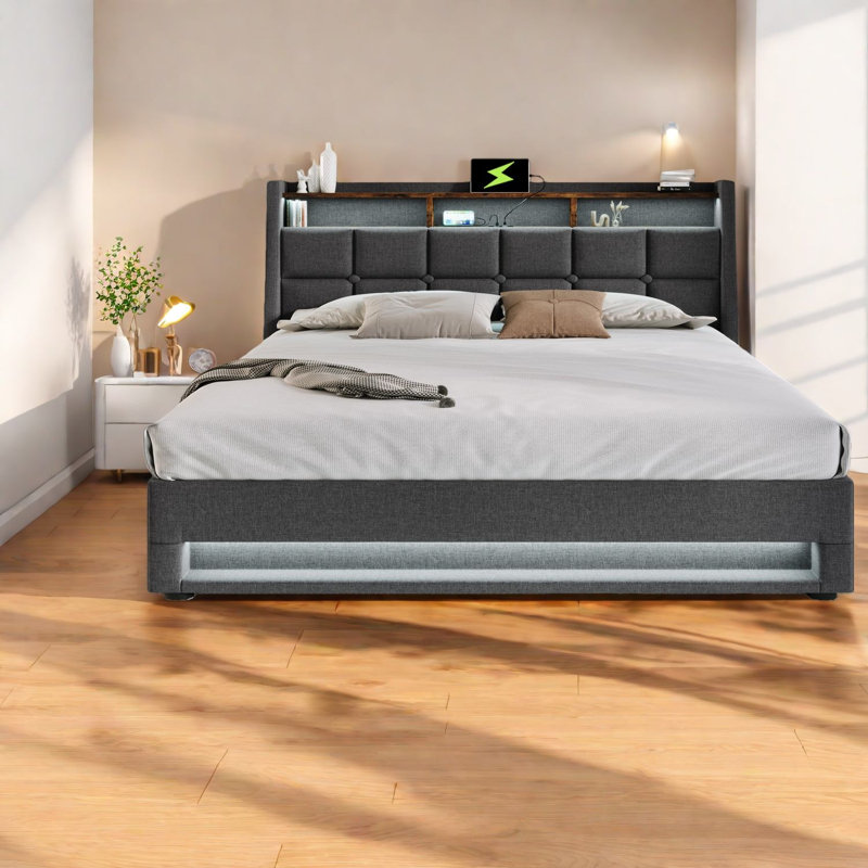 Grands lits avec rangement, lit plateforme moderne en bois et métal pour la maison