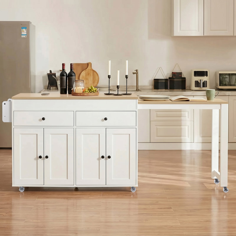 Transitional Kitchen Island With Extendable Dining Table For 2-4 People, Rolling Kitchen Island Table With Storage Cabinet And Drawers