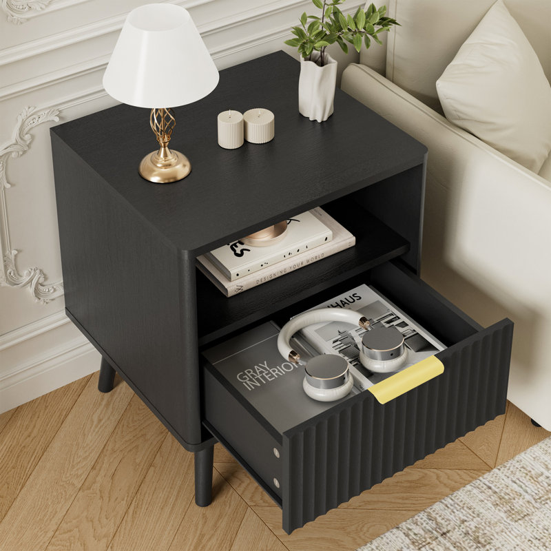Fluted Nightstands Set Of 2, With Curved Profile Design, End Table W/Storage, Bedside Table For Bedroom, Living Room, Black
