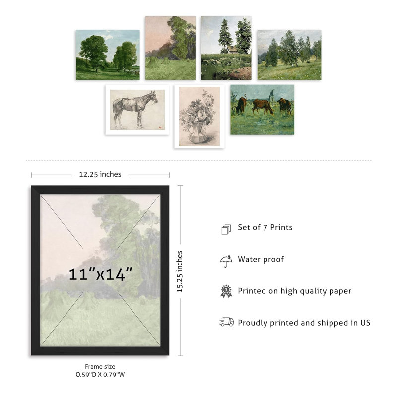 Fine Art Vintage Forest Landscape Horse, abstrait géométrique, encadré sur papier, 7 pièces, Noir