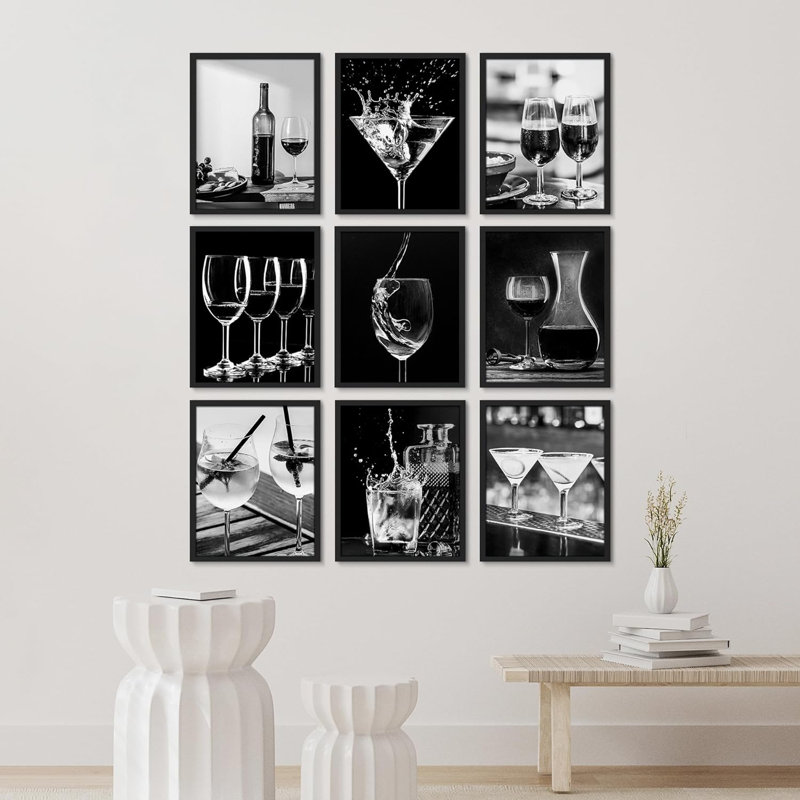 «Black White Wine Martini Cocktail Food Drinks», photographie d'art moderne encadrée sur papier, 9 pièces, Cadre noir