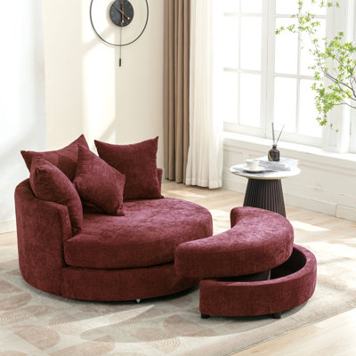 Orisfur. Fauteuil pivotant à 360° avec repose-pieds de rangement et 4 coussins, fauteuil rond moderne en chenille rouge, idéal pour le salon.