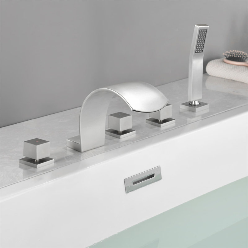 5 Hole Deck Mounted Tub Faucet With Hand Shower 3 Handle Waterfall Bathtub Faucets Modern Brass Tub Fillers With Valve
