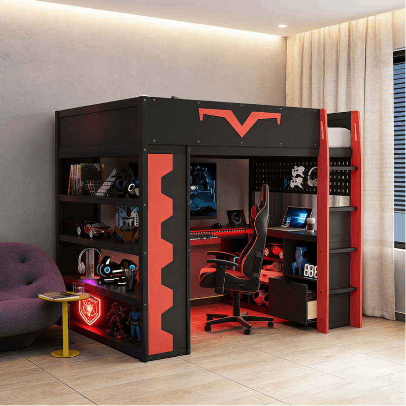 Lit mezzanine double Modern Gaming avec bureau éclairé et plateau à clavier, panneau perforé, bibliothèque de rangement