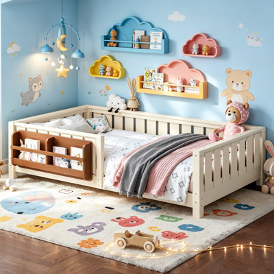 Lit sur pied, lit plateforme pour enfant avec lattes et garde-corps de sécurité, lit sur pied Montessori avec bibliothèque latérale intégrée, lit de jour pour enfants en bois, cadre de lit sur pied pour filles et garçons
