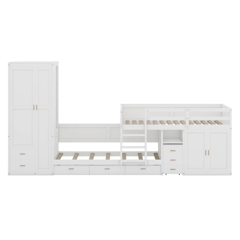 Lit simple superposé en bois avec lit gigogne, armoire, armoire, bureau et tiroirs, Blanc