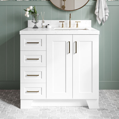 Freitas 36'' Solid Wood Single Bathroom Vanity in White with 1.5'' Carrara White Quartz Top, Left Offset, Rectangle Sink