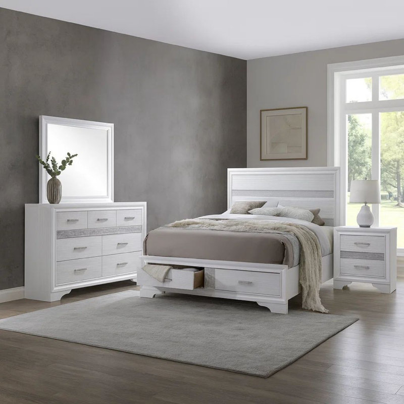 Ensemble de grand lit 4 pièces blanc avec rangement Vino, Grand, Blanc