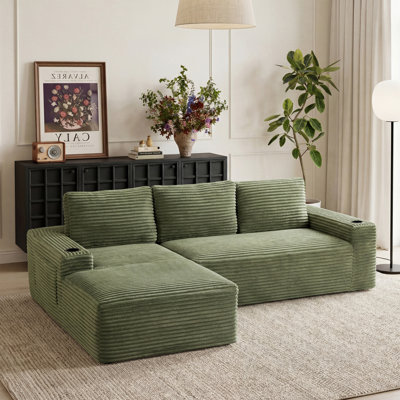 Modular L-Shaped Boneless Couch with Cup holder Left Arm or Right Arm, Convertible Sectional Sofa with Soft Corduroy Fabric, Modern Boneless Couch for Living Room Apartment Office.