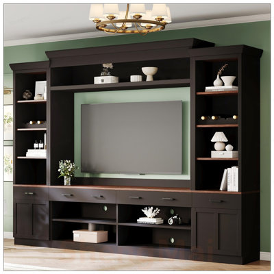 Farmhouse 4-Piece Entertainment Center with Bookshelf for TVs Up to 70in, Mid-Century Media Console with Wine Rack and Adjustable Shelves