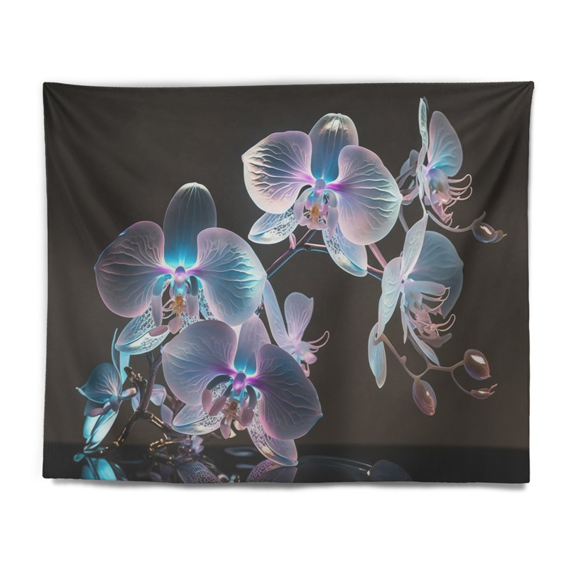 Orchidée en fleurs en mauve fluorescent et bleu - tapisserie murale orchidée florale, H 50 po x l 60 po