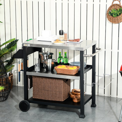 3-Shelf Outdoor Food Cart, Stainless Steel Table, 19.25"L X 5"W 4.75"H Seasoning Tray, Black Grill Cart With Tabletop, Movable Prep Table On Wheels For Patio, Porch, Garden. 32"X20.5" Surface,