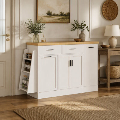 TREXM Multi-Functional Storage Sideboard, Trash Can Storage, Sliding Door Cabinet & 3-Tier Spice Rack,Kitchen Island Table for Kitchen, Dining Room (W