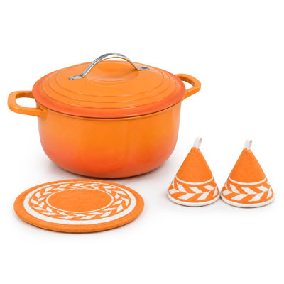 Cocotte ronde en fonte émaillée orange de 5 pintes avec gants résistants à la chaleur et dessous de plat