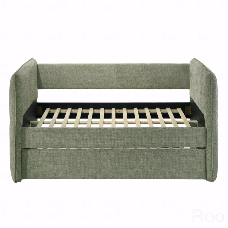 1Pc Modern Daybed Pull Out Trundle Button Tufted Nailhead Trim Bedroom Living Room Furniture, Light Green