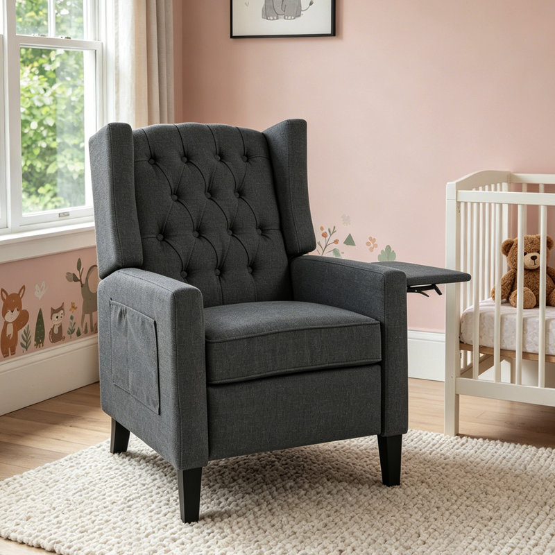 Bason Modern Tufted Wingback Push-Back Recliner with Integrated USB Port & Fold-Out Tray Table, DARK GARY