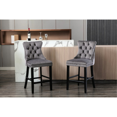 Élégante chaise de bar en velours gris, décorative, de 2 chaises modernes rembourrées avec garniture