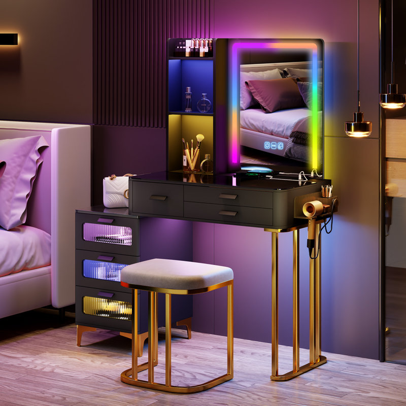 Palamara Makeup Vanity with LED Light, Black/Gold