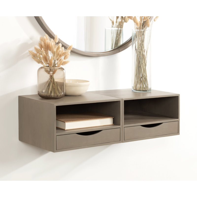 Adeana Poplar Solid Wood Floating Shelf with Drawer, Gray
