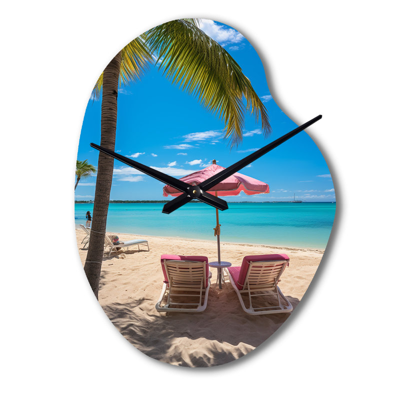 Beach Pink Beach Chairs - Horloge murale de forme unique en métal, impression horloge murale corail, Grand