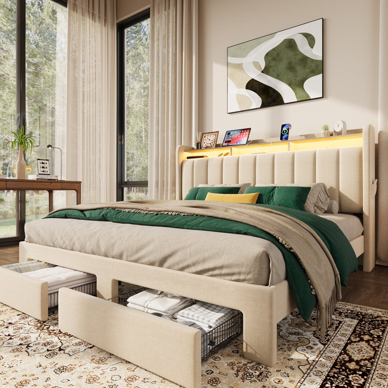 Upholstered Platform Storage Bed Frame With 2 Drawers & 2-Tier Led Storage Headboard, Usb & Type-C Charging Ports, King