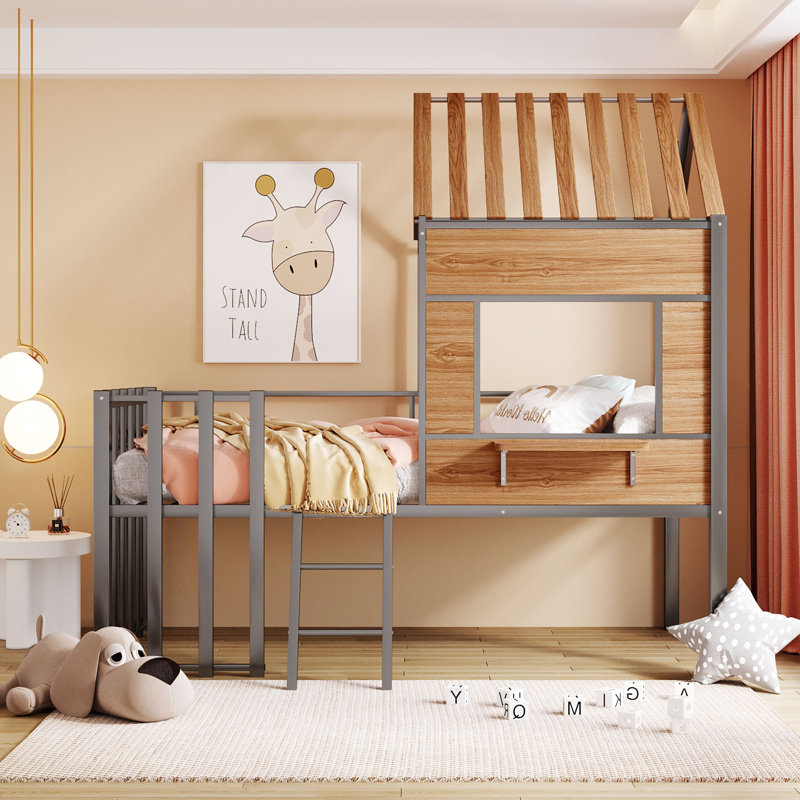 Loda Twin Low House Loft Bed with Roof and Ladder, Chrome
