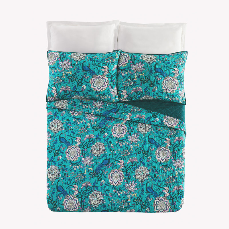 Turquoise Floral and Peacock King Microfiber Quilt Set