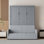 Lit escamotable double pleine grandeur gris avec coussin et canapé, rangement compact pour petits appartements