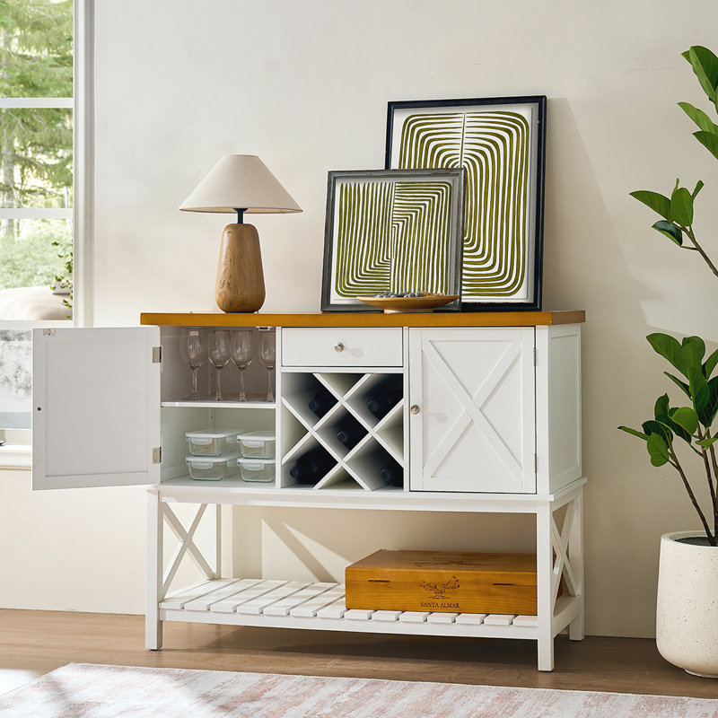 Console polyvalente avec 2 portes, 1 tiroir, support à vin et tablette de rangement polyvalente