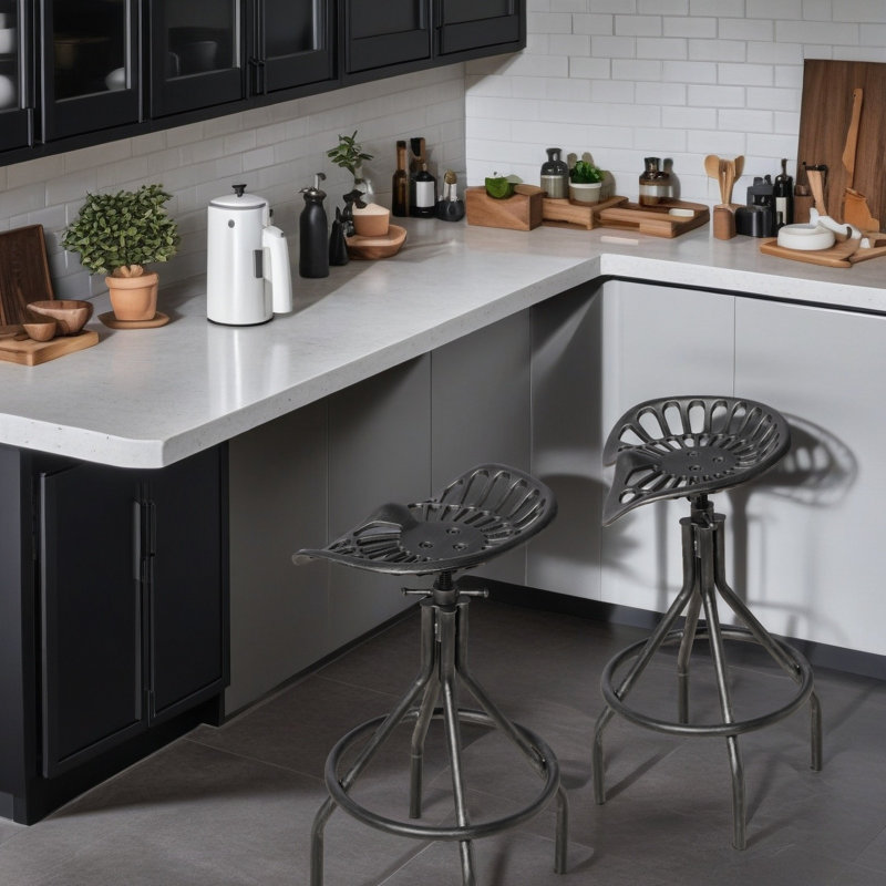 SET OF 2, Adjustable Industrial Home Bar Stools - Cast Iron Tractor Seat Swivel Metal Farmhouse Dining Stools - Counter & Pub Height 26.37" To 30.31" - Black With Brushed Silver Finish