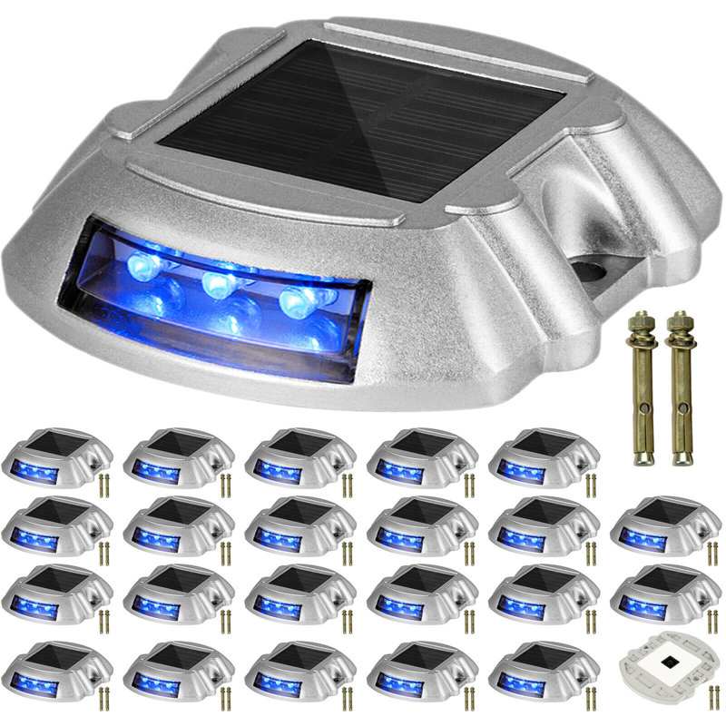 Paquet de 16 lumières solaires blanches pour allée à quai avec bouton interrupteur, Bleu