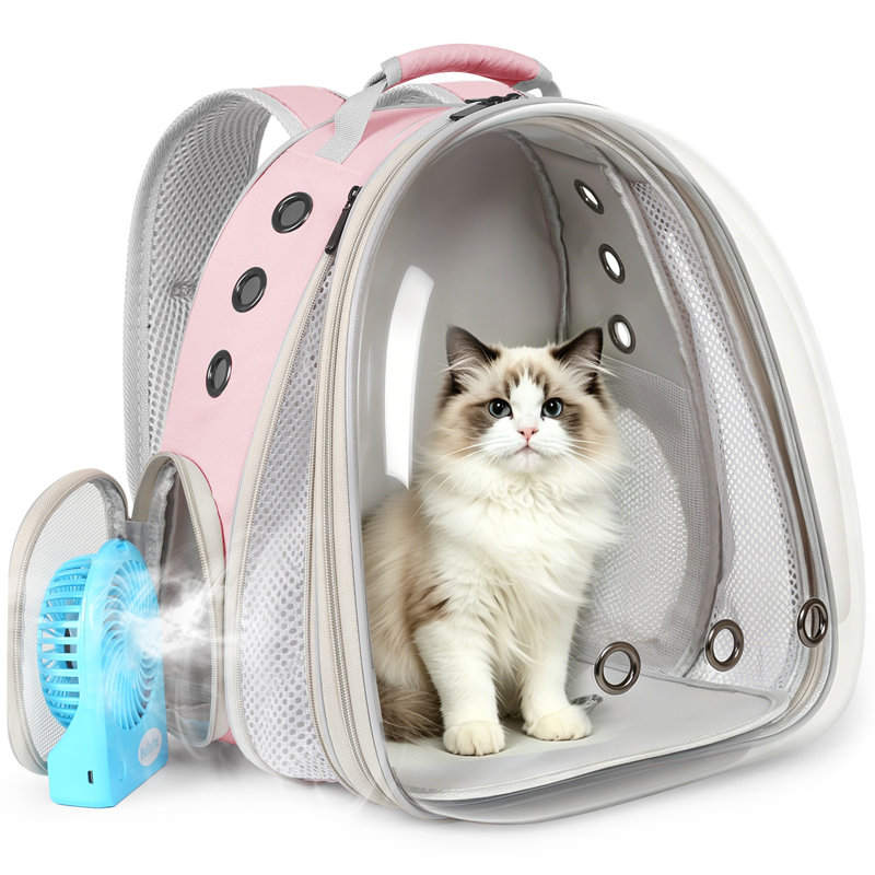 Sac à dos de transport transparent extensible à bulles pour chat et petit chiot avec ventilateur, grand modèle, rose, Pink