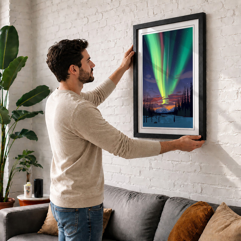 Aurora Over Silent Forest Scandinavian - Framed Print, A1 - 84.1 x 59.4 cm, Unframed